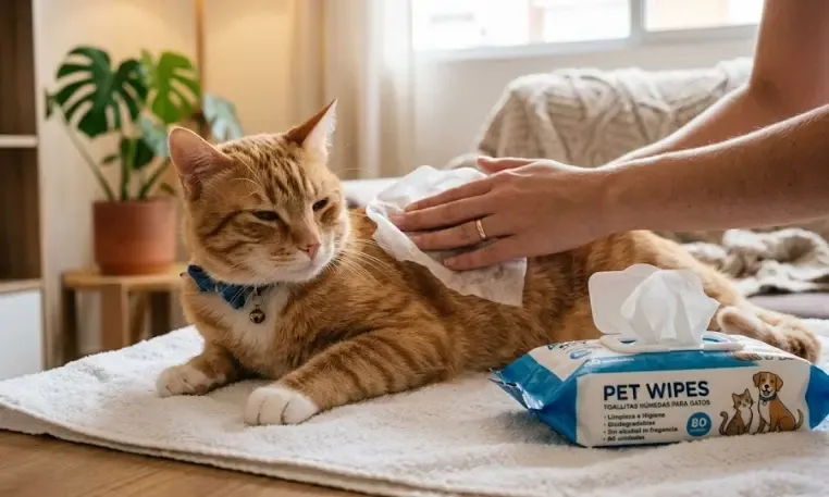 Gato común europeo siendo limpiado con toallitas húmedas hipoalergénicas para evitar el baño