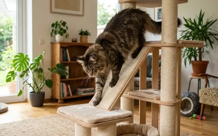 Gato Maine Coon de gran tamaño bajando con cuidado de un rascador debido a molestias articulares