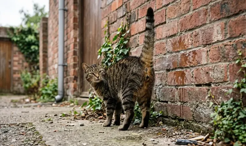 Gato macho marcando en una pared con la cola erguida