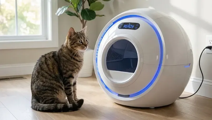 Gato observando con curiosidad un arenero automático en funcionamiento