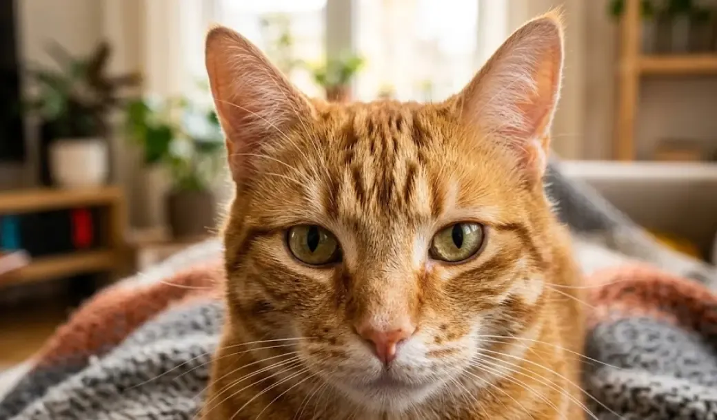Detalle de la cabeza de un gato naranja mostrando la característica M en la frente