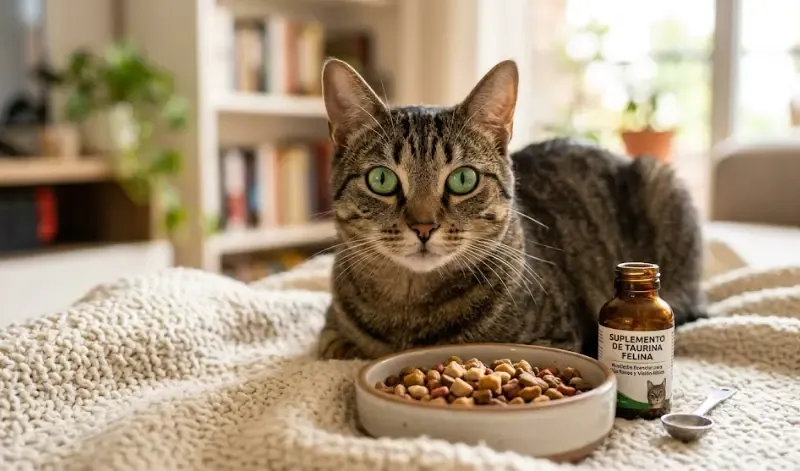 Gato mirando fijamente a la cámara, ilustrando la importancia de la taurina para la salud visual felina