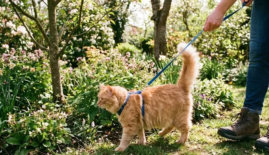 Gato paseando con arnés y correa por un jardín bajo supervisión