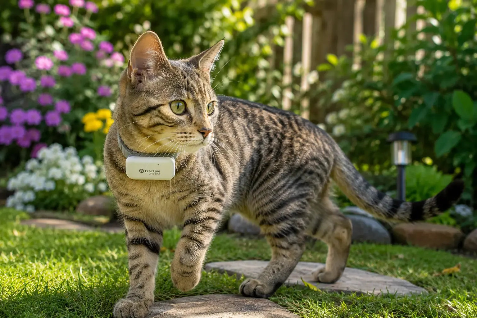Gato europeo pequeño explorando un jardín, con un collar GPS de Tractive, ilustrando el uso en exterior