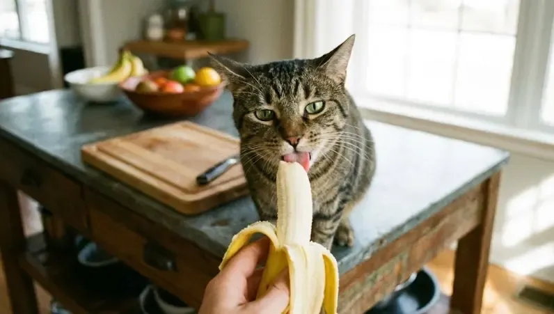 Gato lamiendo curiosamente un pequeño trozo de plátano ofrecido por su dueño