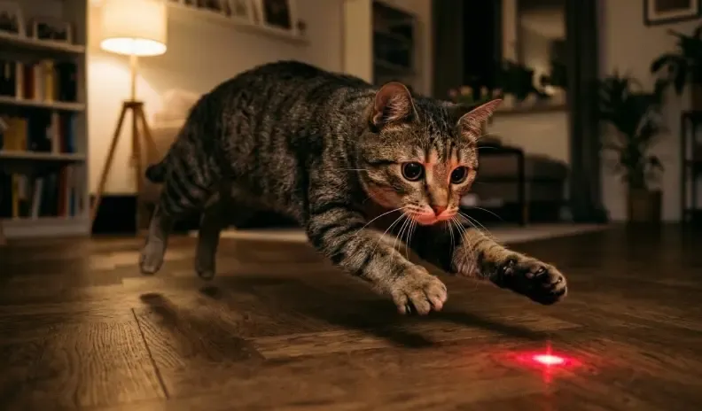 Gato atigrado con las pupilas muy dilatadas intentando atrapar infructuosamente un punto láser rojo en la pared