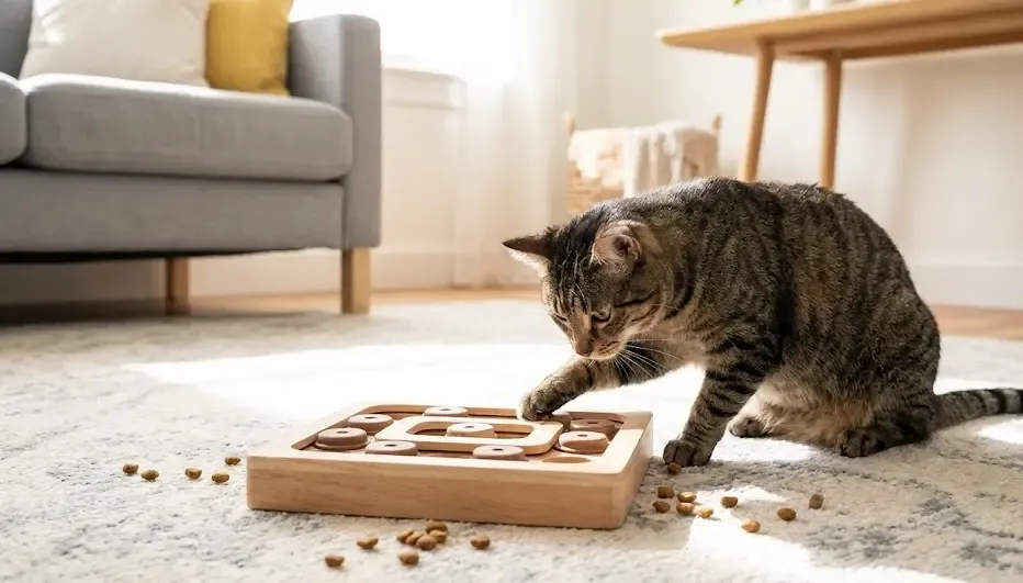 Gato comiendo de un juguete interactivo tipo puzzle