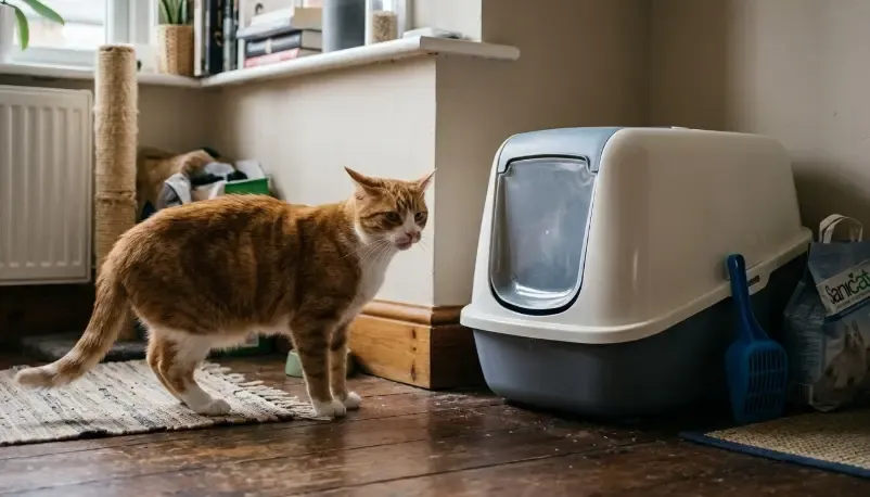 Gato atigrado mirando fijamente un arenero cerrado que se niega a utilizar