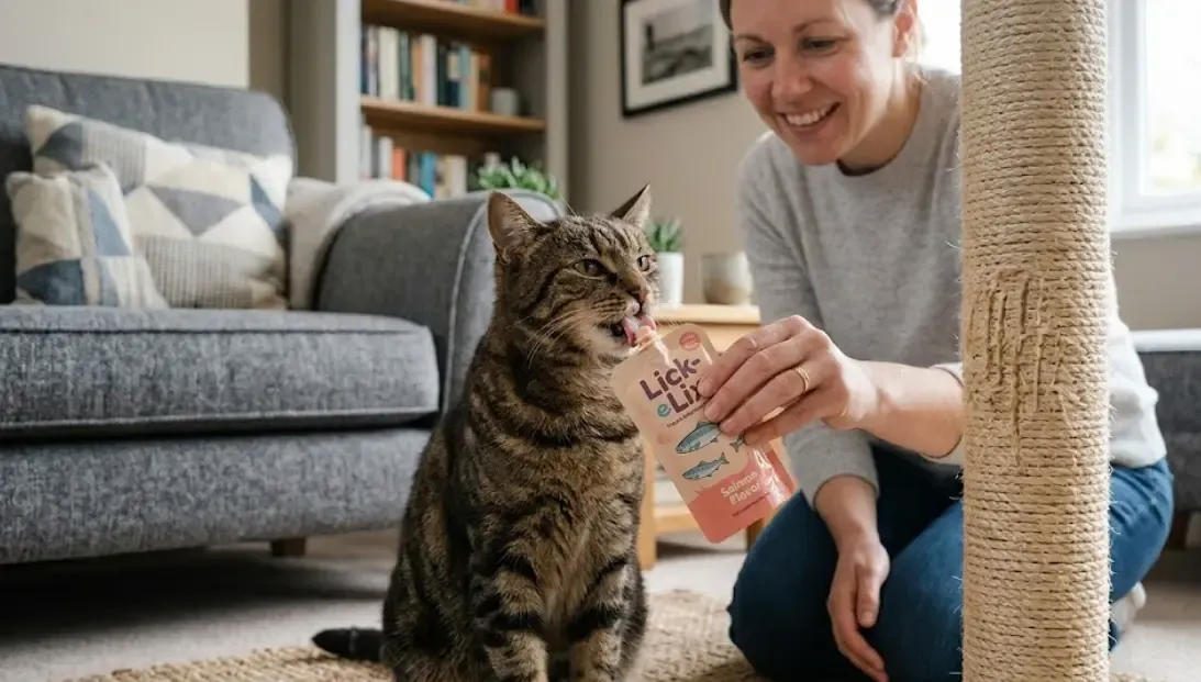 Gato recibiendo un snack lick-e-lix justo después de haber usado un rascador de poste de sisal