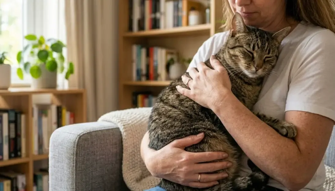 Gato relajado en brazos de su dueña después de una sesión de caricias breve y bien manejada
