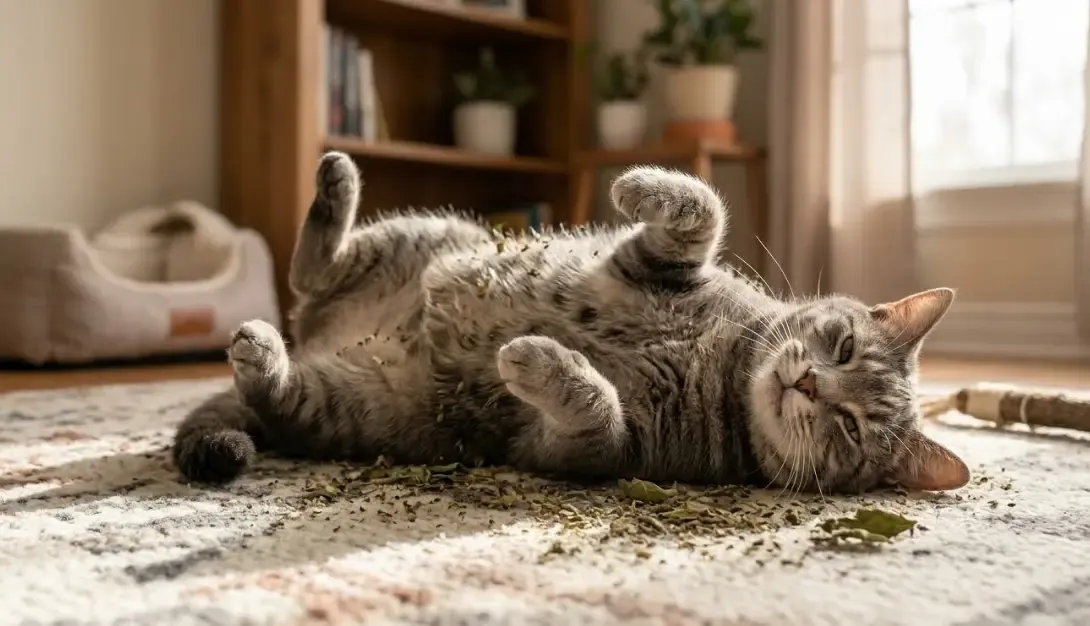 Un gato gris tumbado bocarriba revolcándose felizmente junto a unas hojas secas de catnip en el suelo