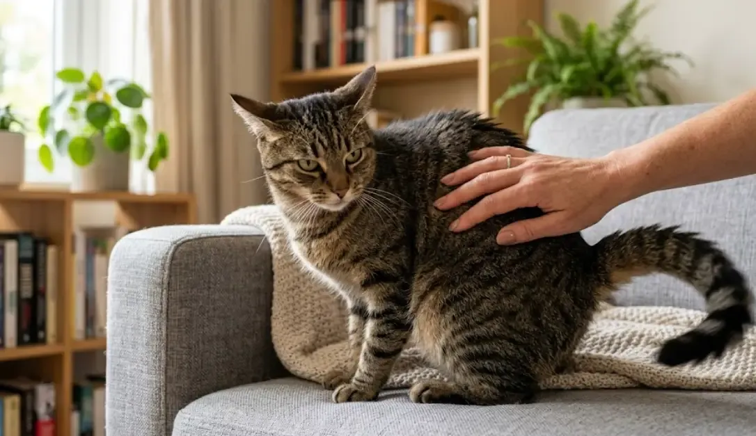 Un gato con las orejas rotadas hacia atrás y la cola en movimiento durante una sesión de caricias, señal de sobreestimulación