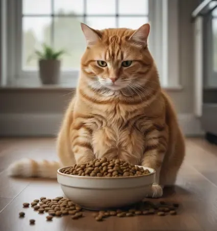 Gato con sobrepeso mirándose la barriga frente a un cuenco de comida