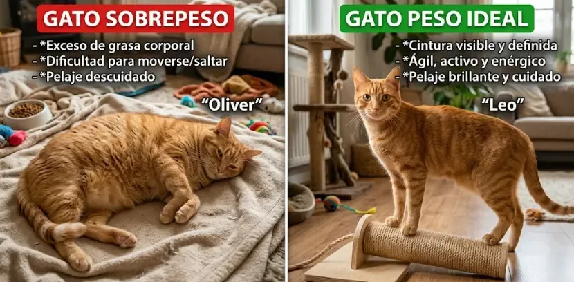 Gato con sobrepeso tumbado comparado con silueta ideal