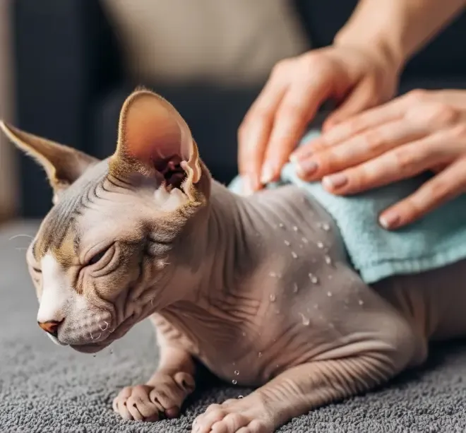 Gato Sphynx relajado recibiendo un suave masaje con una toalla húmeda