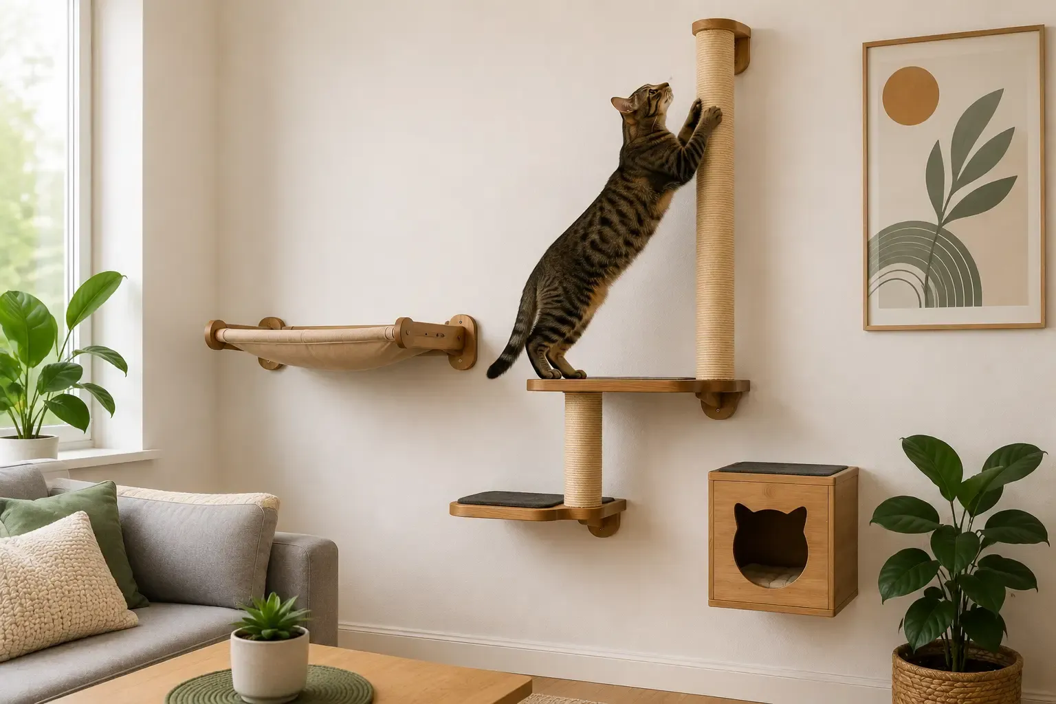 Gata atigrada estirándose en un rascador de pared de sisal natural en salón moderno