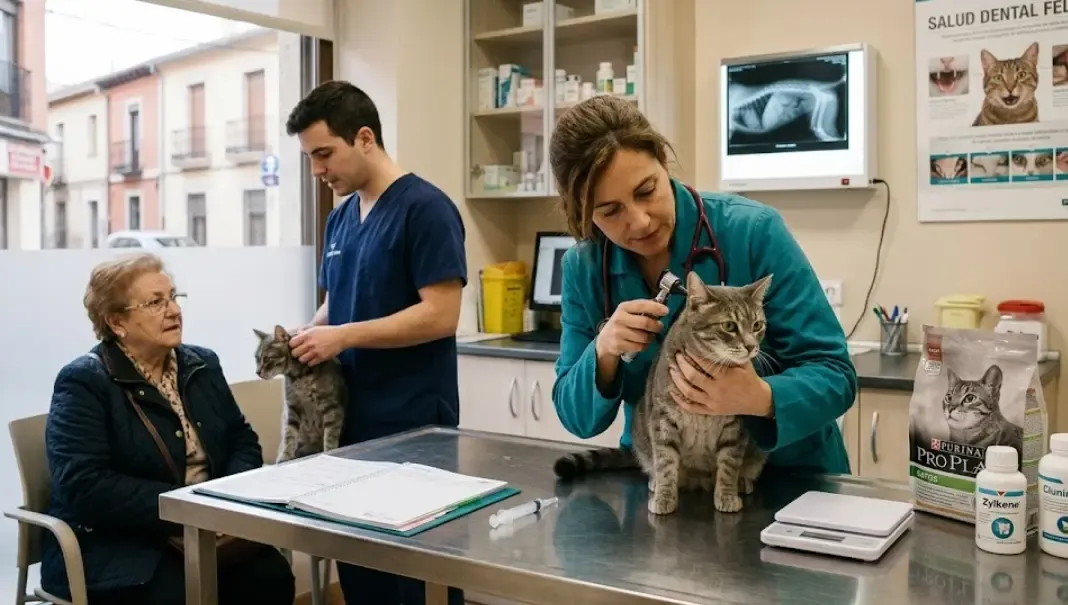 Gato siendo revisado por un veterinario