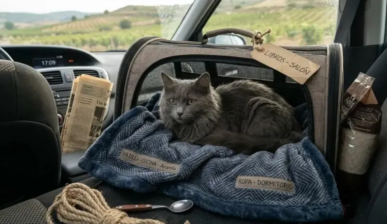 Gato viajando seguro en el asiento trasero del coche dentro de un transportín rígido tapado con una manta