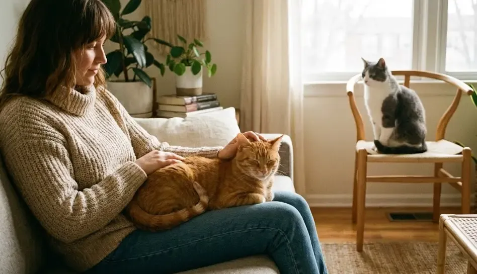 Dueño acariciando a un gato mientras el otro mira desde lejos tranquilamente