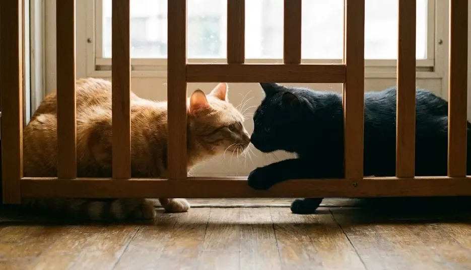 Dos gatos oliéndose con curiosidad a través de una rendija de puerta segura