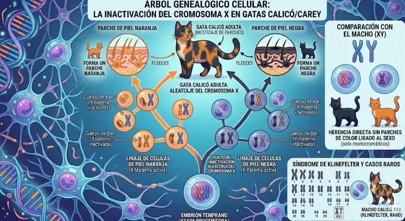 Infografía visual de los cromosomas X e Y explicando cómo se combinan los colores negro y naranja en los gatos