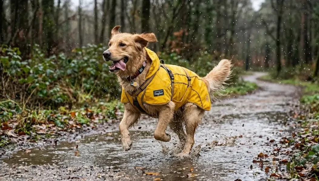 Golden retriever feliz corriendo por la lluvia con un chubasquero amarillo ligero y transpirable