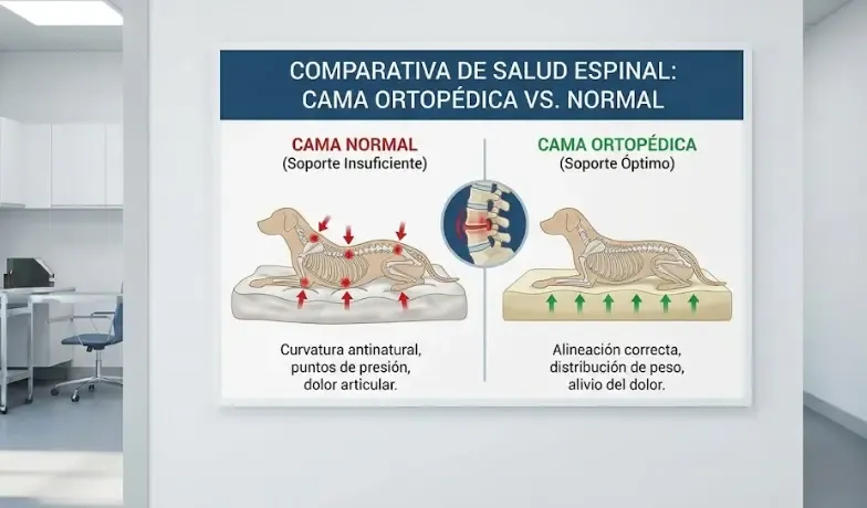Comparativa visual: columna vertebral de perro en cama blanda vs cama ortopédica recta