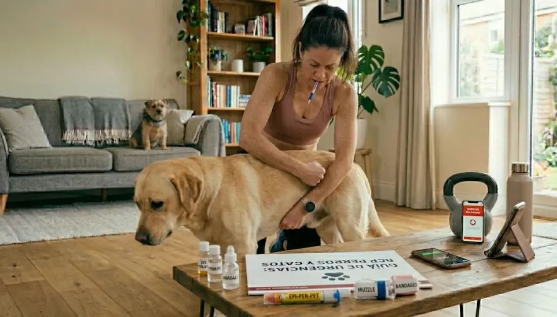 Maniobra de Heimlich en perro grande desde detrás con puño en abdomen