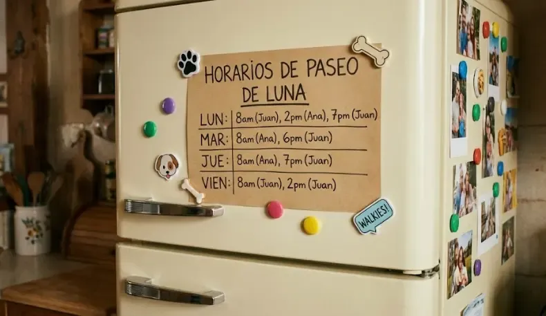 Tabla de horarios de paseo pegada en una nevera