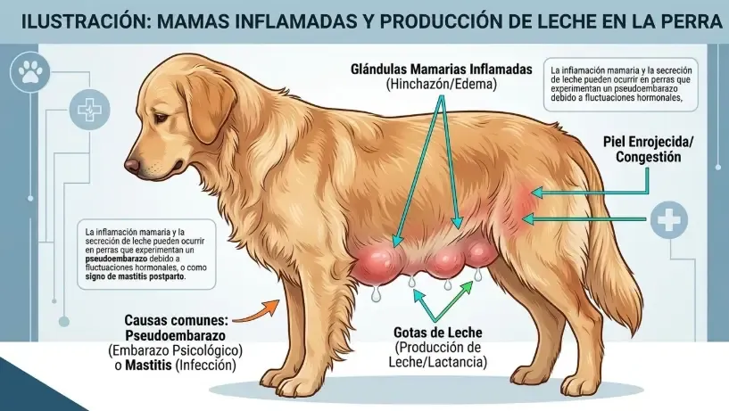 Ilustración que muestra las mamas inflamadas de una perra que sufre de galactorrea por pseudogestación
