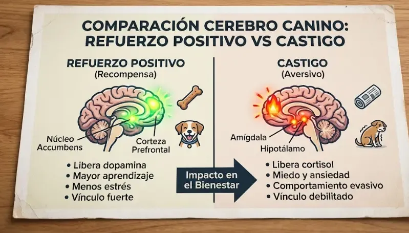 Infografía comparando cerebro de perro con refuerzo positivo vs castigo