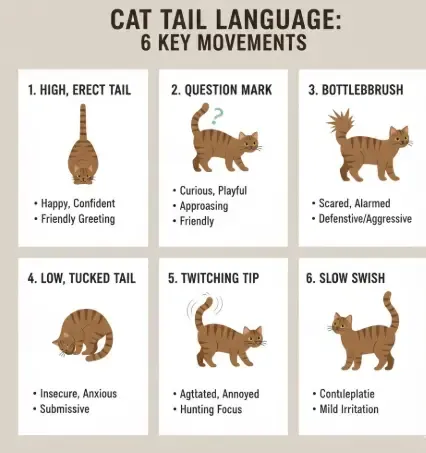 Infografía resumen con los 6 movimientos principales de la cola del gato