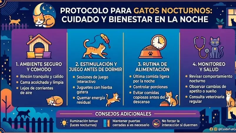 Infografía resumen del protocolo: Cazar, Comer, Acicalarse, Dormir