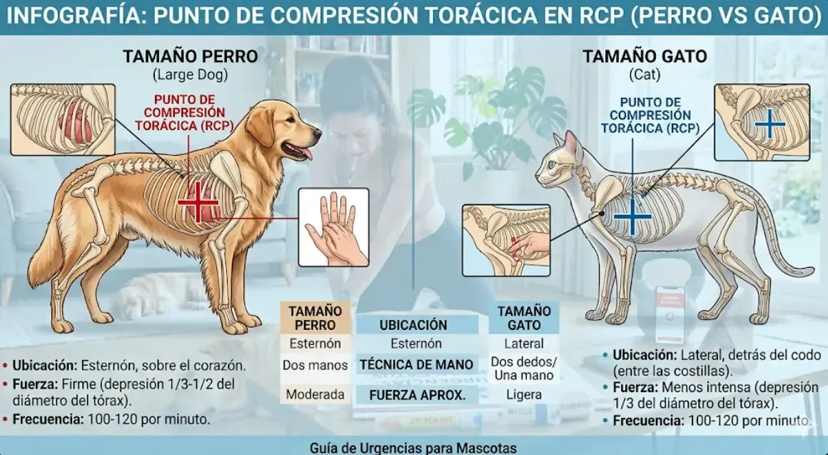 Infografía tamaño perro vs gato punto compresión torácica RCP