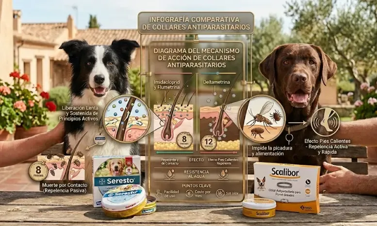 Infografía resumen: Seresto vs Scalibor, cómo elegir según tu caso