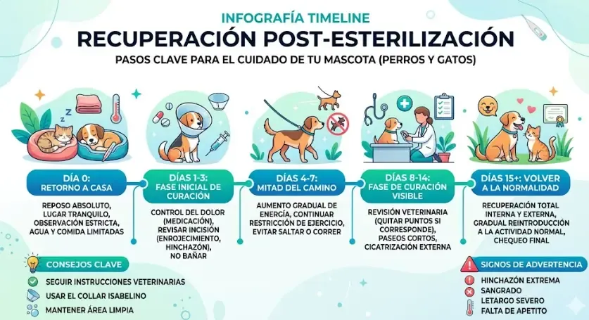 Infografía timeline recuperación post-esterilización