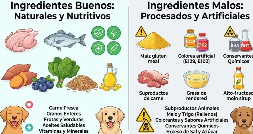 Infografía mostrando ingredientes buenos vs ingredientes malos en comida de perro