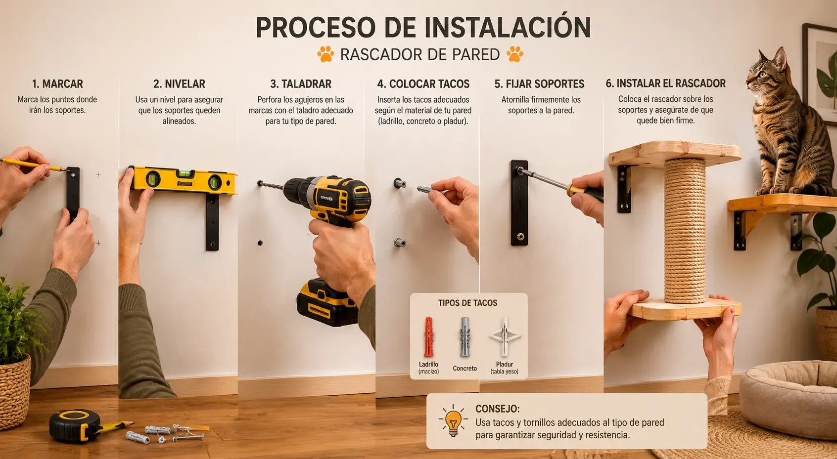 Proceso de instalación de un rascador de pared con taladro, nivel y tacos adecuados