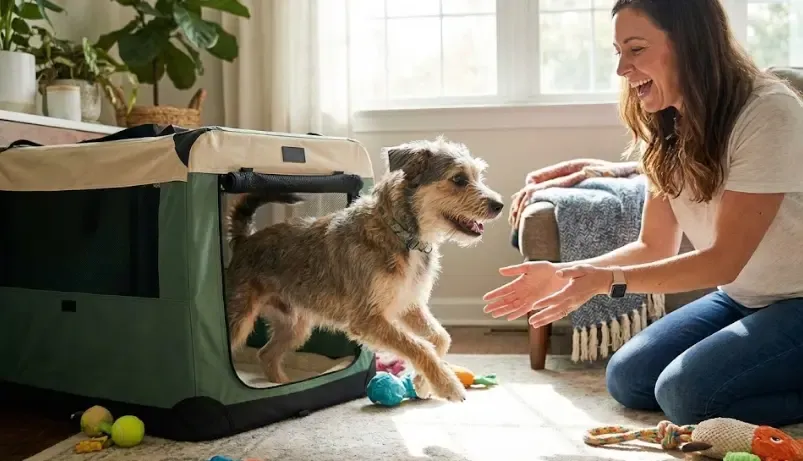 Perro jugando a entrar y salir del transportín con su dueño