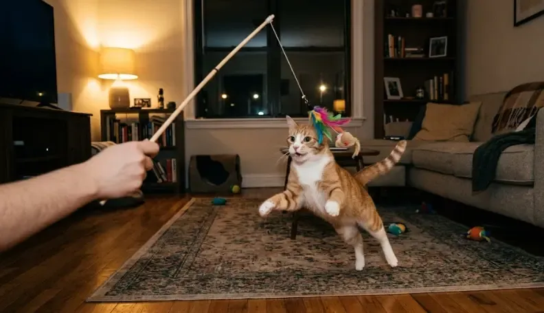 Joven jugando activamente con su gato atigrado usando una caña de pescar en el salón por la noche