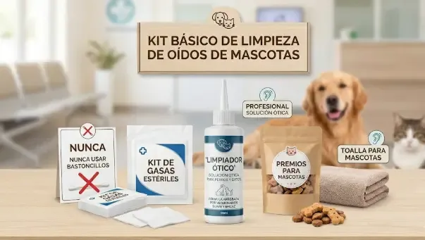 Material básico para limpieza de oídos: limpiador, gasas, toalla y premios