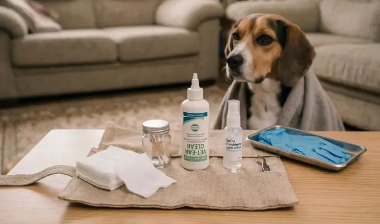 Un pequeño frasco de limpiador ótico junto a unas gasas estériles y premios sobre una mesa limpia