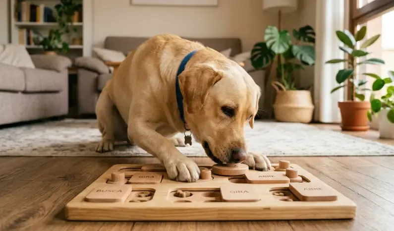 Un perro Labrador empujando con la nariz una pieza corredera de un puzzle de madera para descubrir un premio oculto