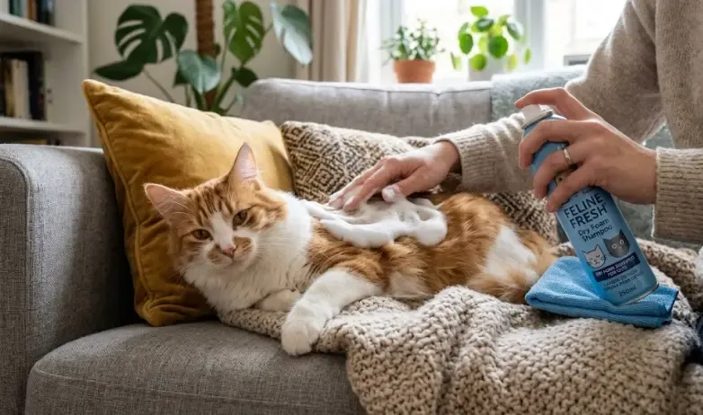 Mujer limpiando suavemente a su gato en el sofá usando una espuma de lavado en seco y una toalla masajeadora