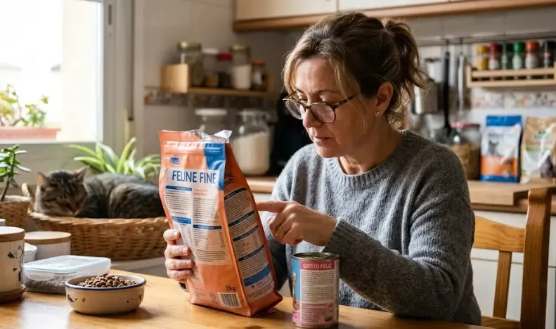 Detalle de ingredientes en una lata de comida para gatos, buscando la palabra taurina