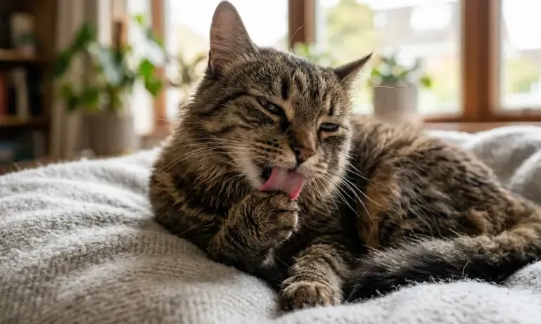 Macrofotografía de la lengua de un gato mostrando las papilas filiformes con forma de gancho que actúan como peine