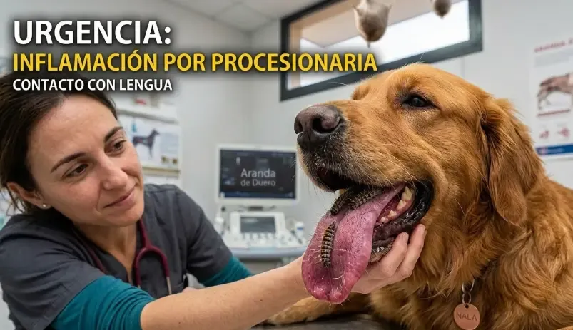 Perro con la lengua muy inflamada e imposibilitado para cerrar la boca tras contacto con procesionaria