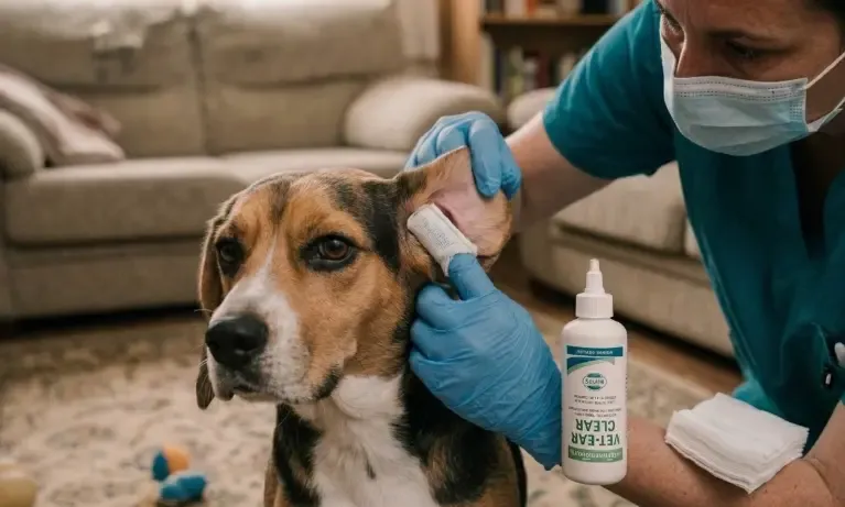 Dueño usando una gasa estéril enrollada en su dedo índice para limpiar la parte exterior del oído de un perro