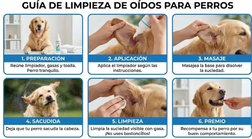 Dueño masajeando la oreja de su perro durante una limpieza