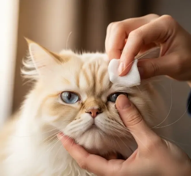 Dueño limpiando suavemente los ojos de un gato persa con una gasa de algodón